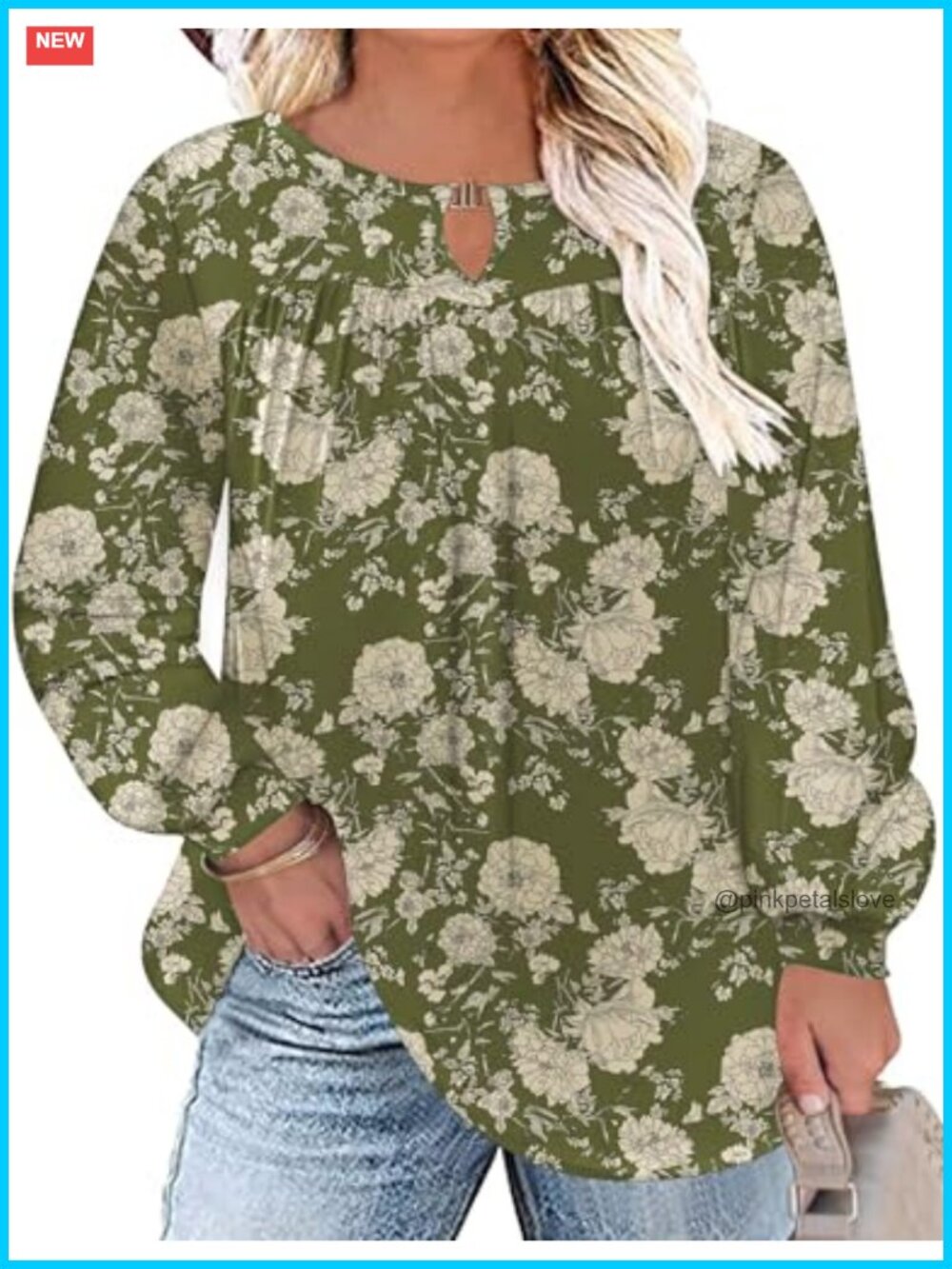 Plus Size Long Sleeve Keyhole V Neck Pleated Tunic Blouse Loose Work Top